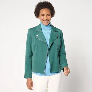 ISAAC MIZRAHI LIVE 24/7 Women's Stretch Zip Front Moto Jacket Size 16 In Green